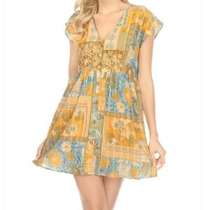 Boho Chic Floral Mini Dress - Blue and Orange